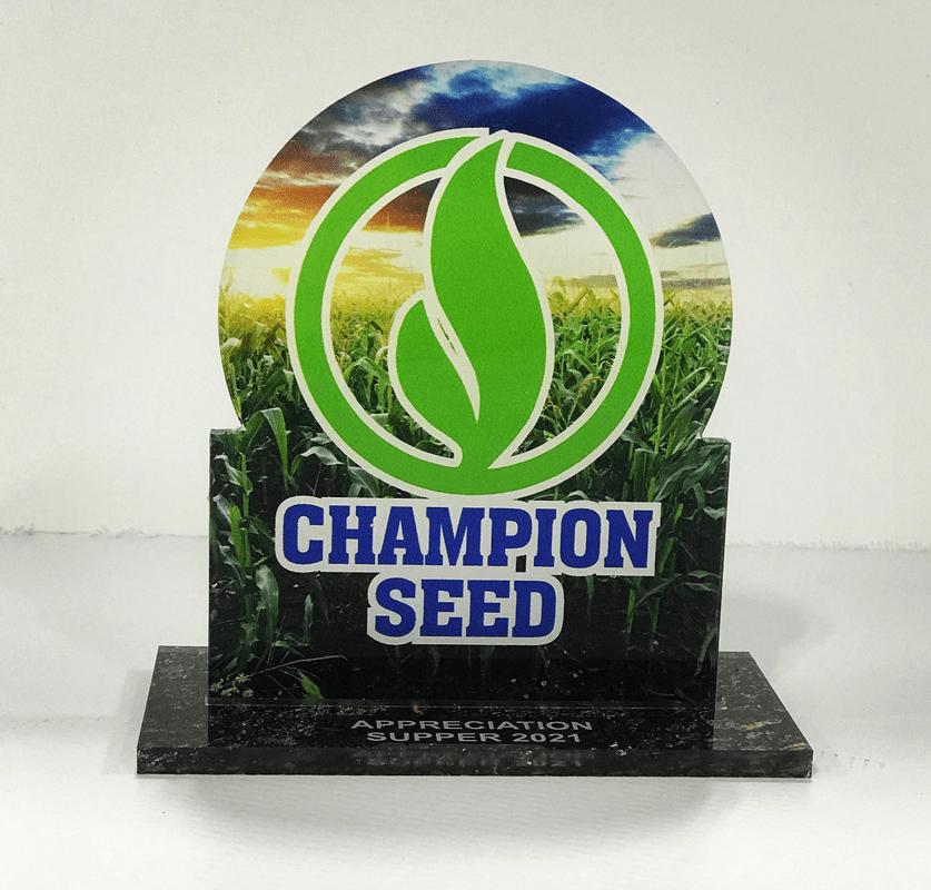 Champion Seed Business Acrylic Award for Company Appreciation Supper in Ellsworth, IA.