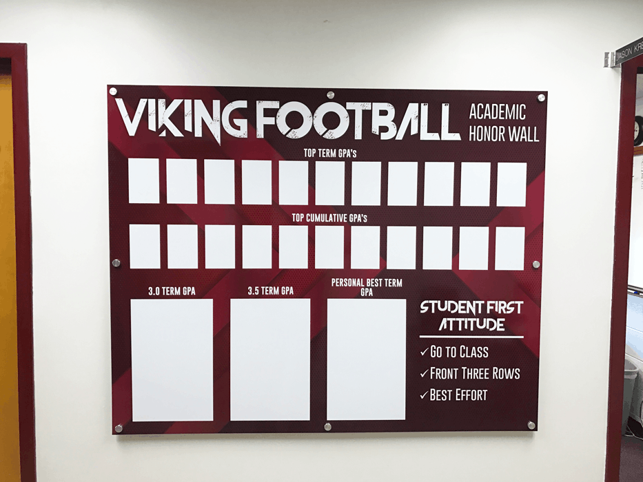 Custom Viking Football Honor Aluminum sign mounted on a wall for VCSU in Valley City, ND.