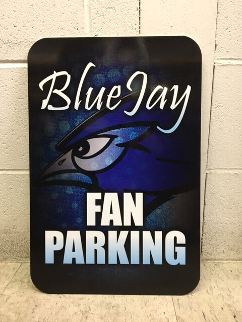 Custom aluminum sign with overlay for Blue Jay Fan Parking in Jamestown, ND.