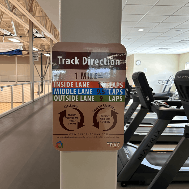 Custom indoor track directional signage for Parks and Rec facility in Jamestown, ND.