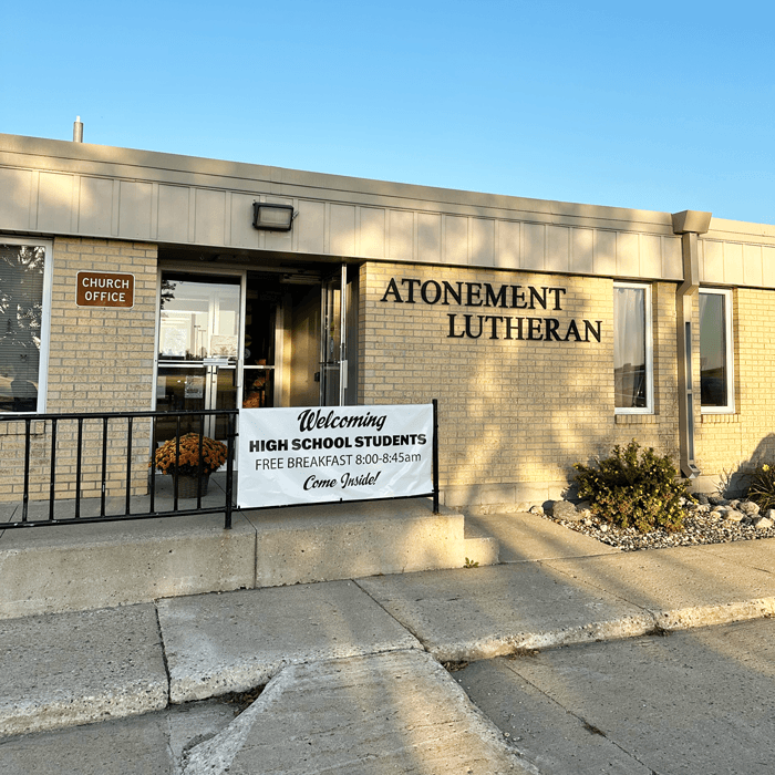 Outdoor vinyl banner for wayfinding informational signage at Atonement Lutheran Church in Jamestown, ND.