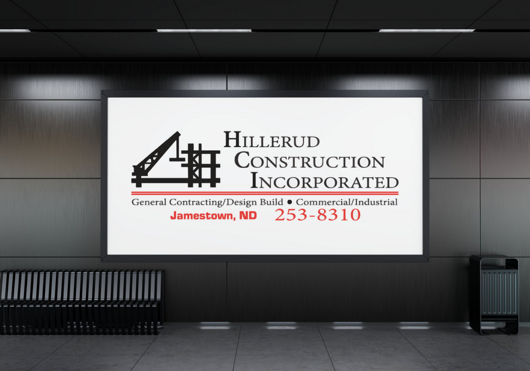 Custom indoor vinyl banner for Hillerud Construction Incorporated advertising in Jamestown, ND.