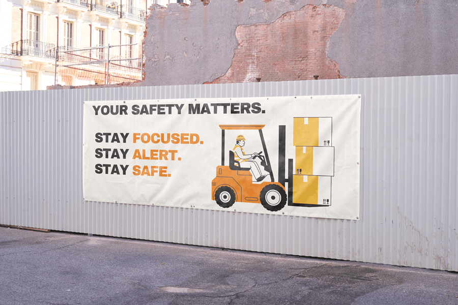 Outdoor vinyl banner for exterior safety signage on construction job sites in Jamestown, ND.