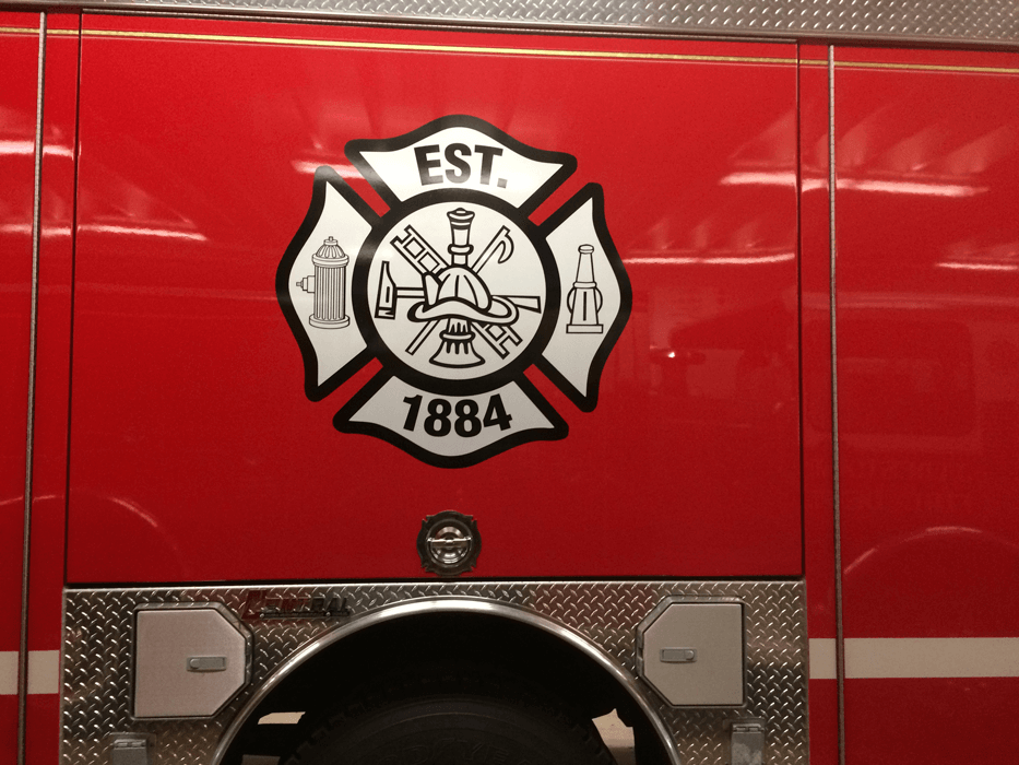Custom fire truck emblem decal for Jamestown Fire Department in Jamestown, ND.