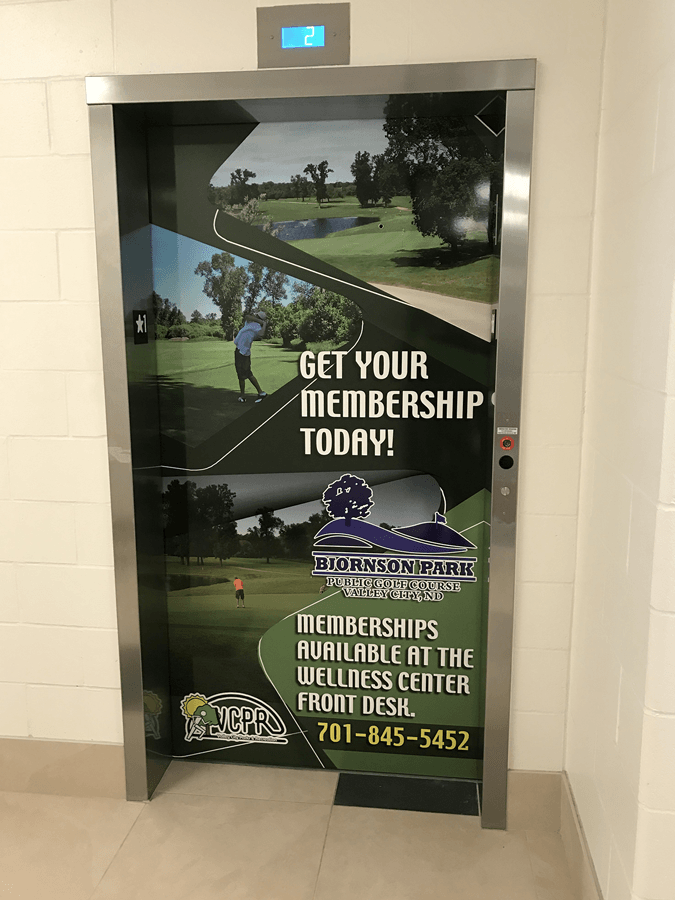 Custom graphics for VCPR elevator door in Valley City, ND.