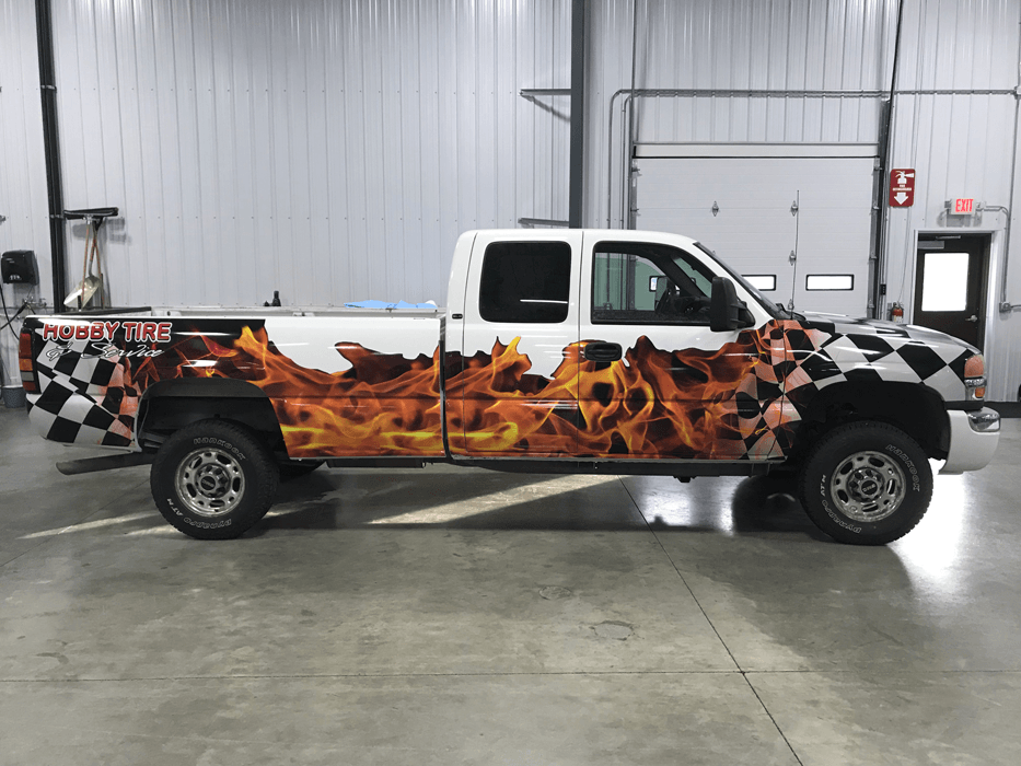 Custom vehicle wrap for Hobby Tire pickup in Jamestown, ND.