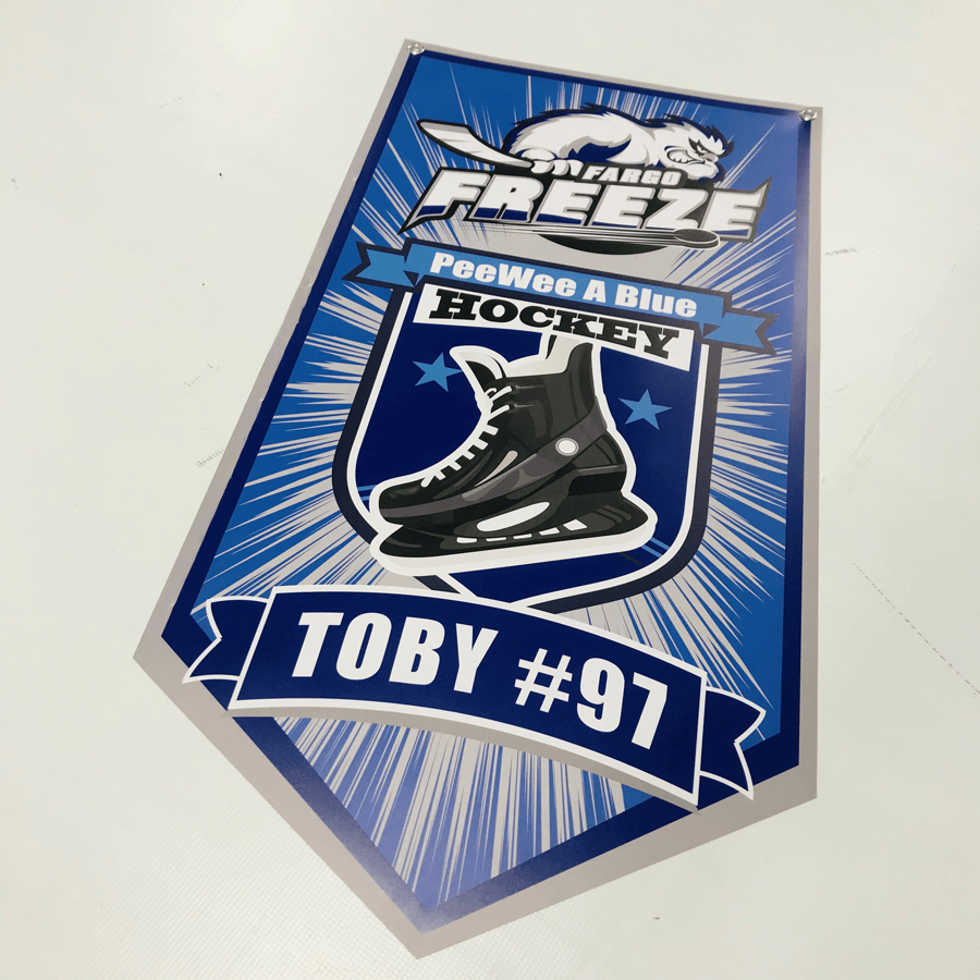 Custom vinyl pennant banner for hockey sports signage in Jamestown, ND.