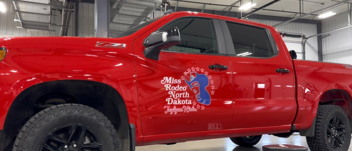 Custom die-cut vinyl vehicle graphics for Miss Rodeo North Dakota truck in Jamestown ND