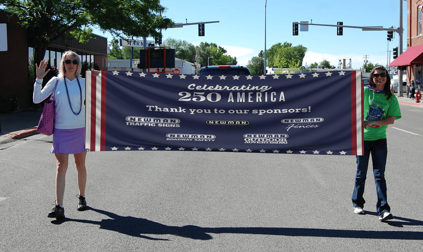 Custom vinyl outdoor banner for America's 250th Anniversary parade in Valley City, ND.