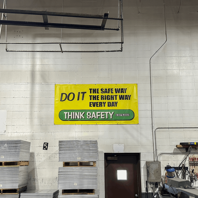 Safety banner in factory in Jamestown, ND.