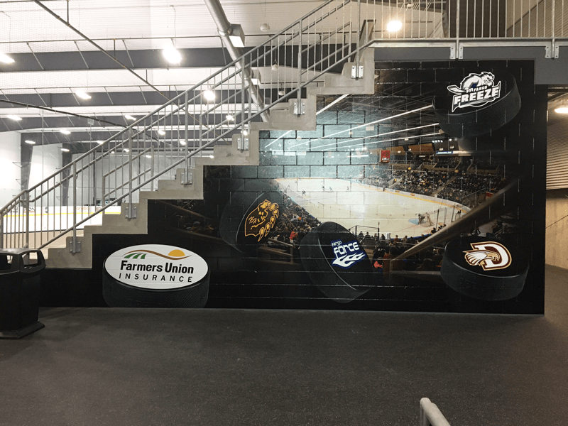 Custom Graphics & Decals for textured wall in Hockey Arena in Fargo, ND.
