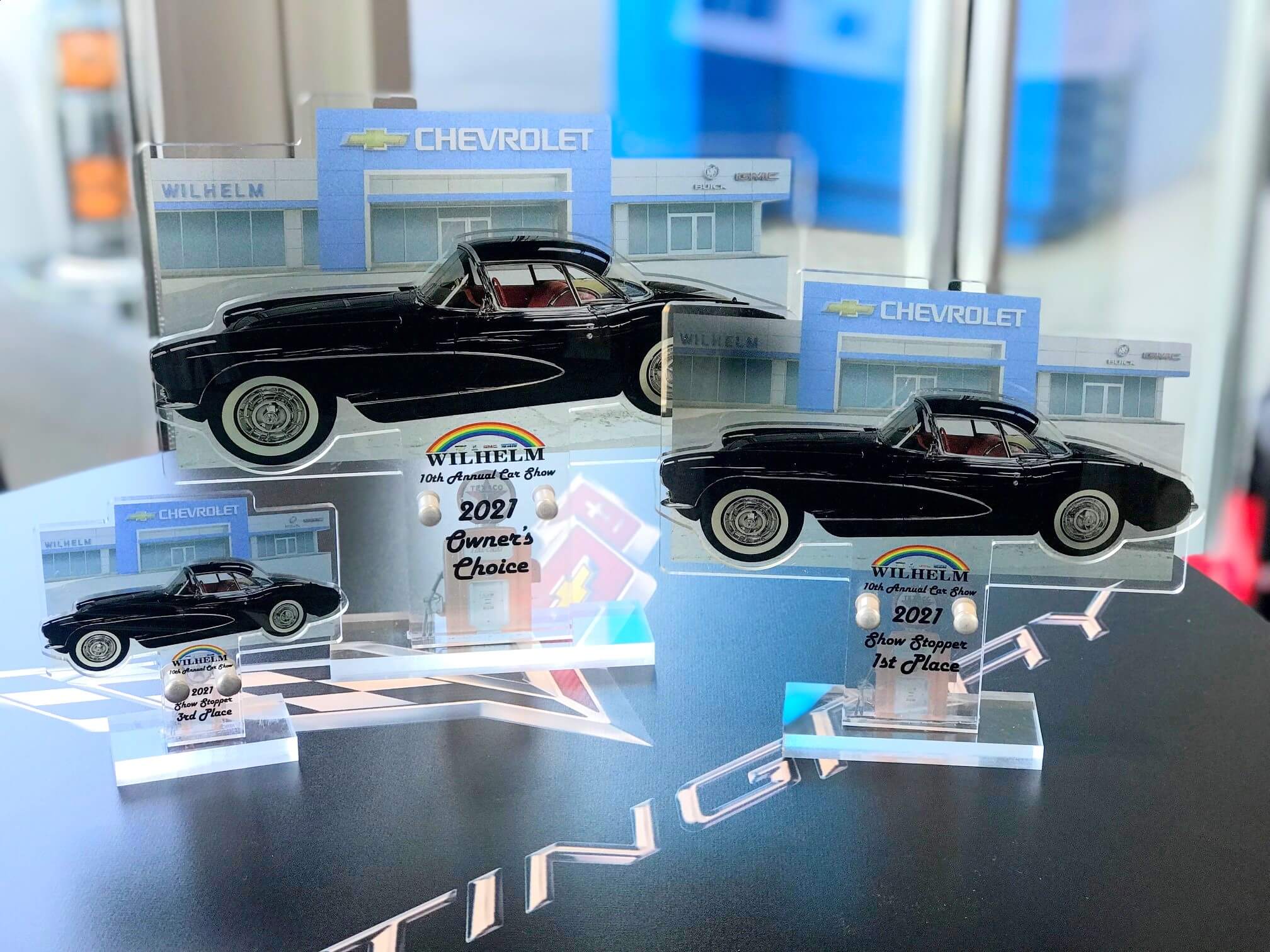 Acrylic car awards for Wilhelm Chevrolet in Jamestown, ND.