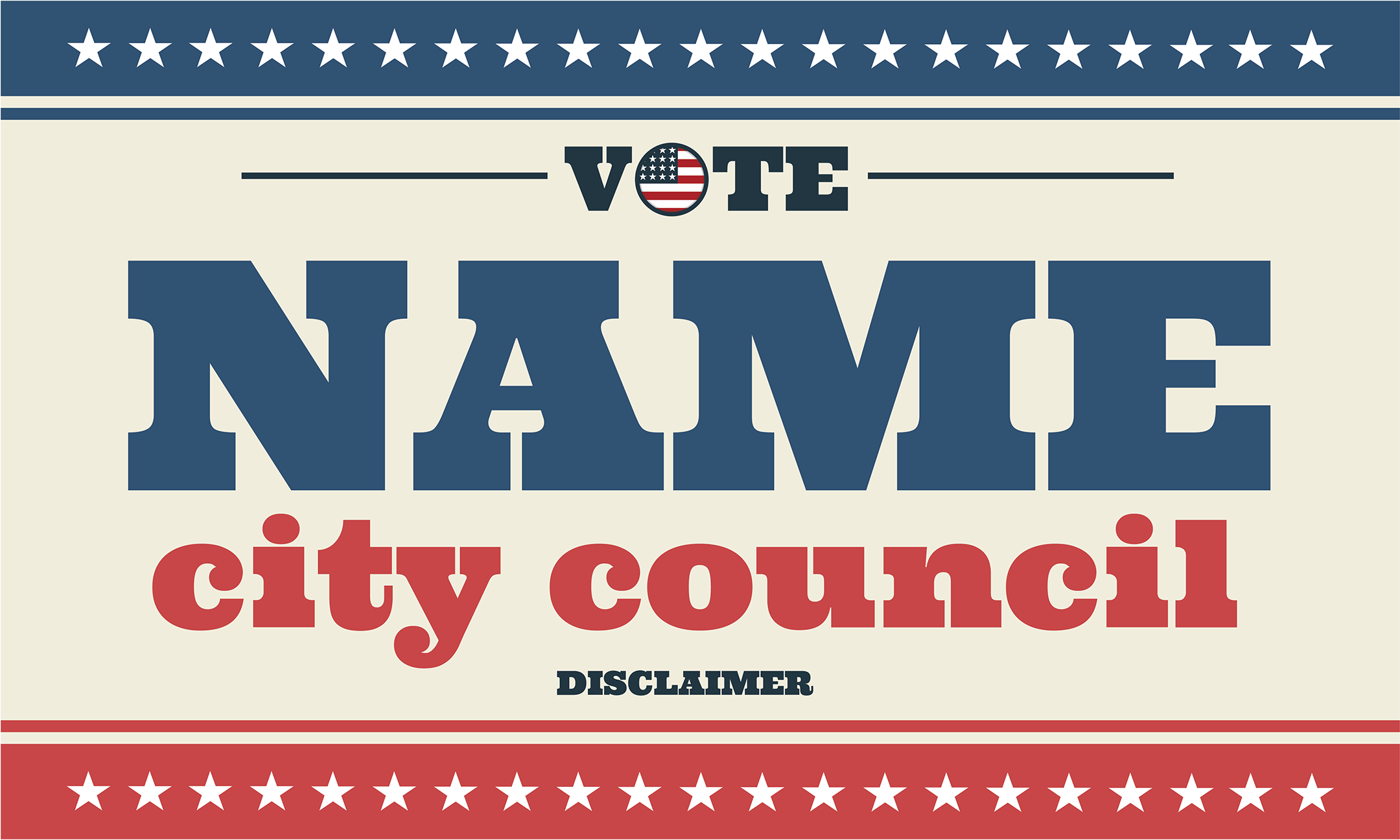 Voting poster with 'Vote Name City Council' text on a beige background with red and blue border