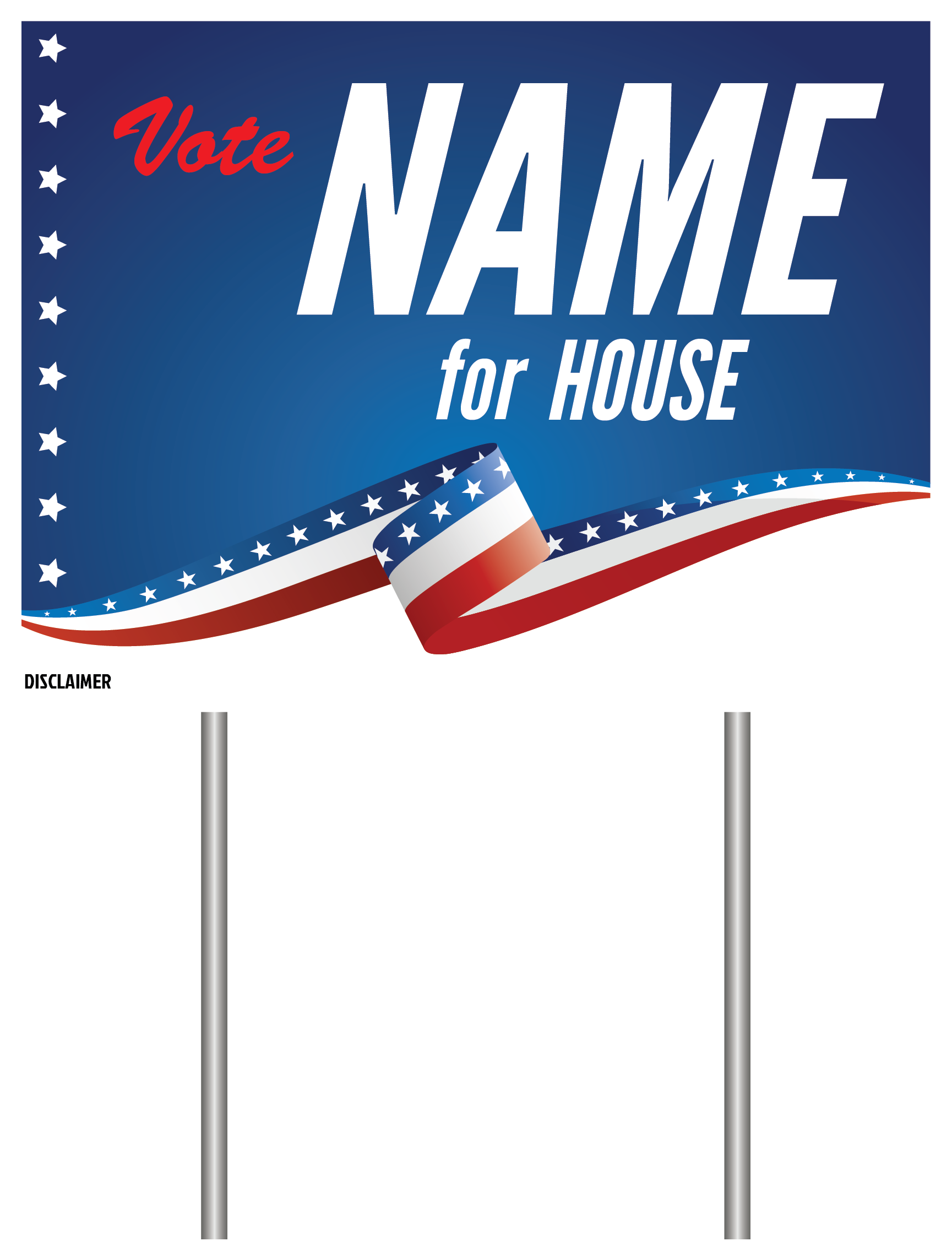 Patriotic political campaign sign with American flag design on a blue background