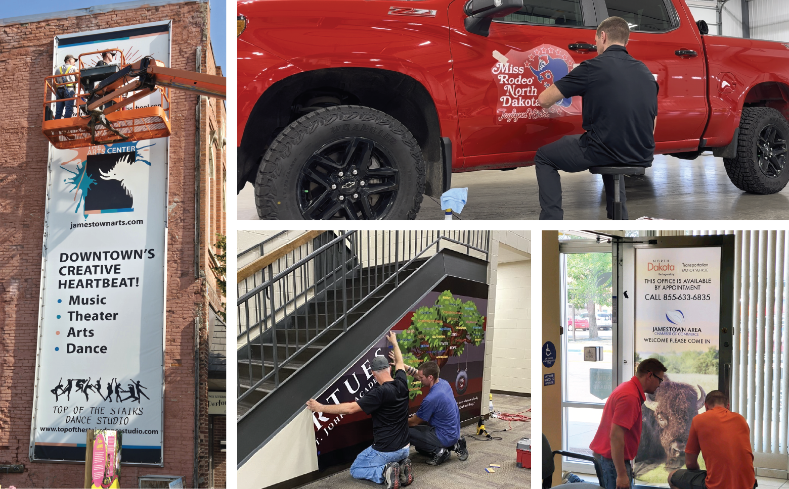 Collage of a person working on a large outdoor advertisement, a red truck with a mural, and people painting a mural inside a building.