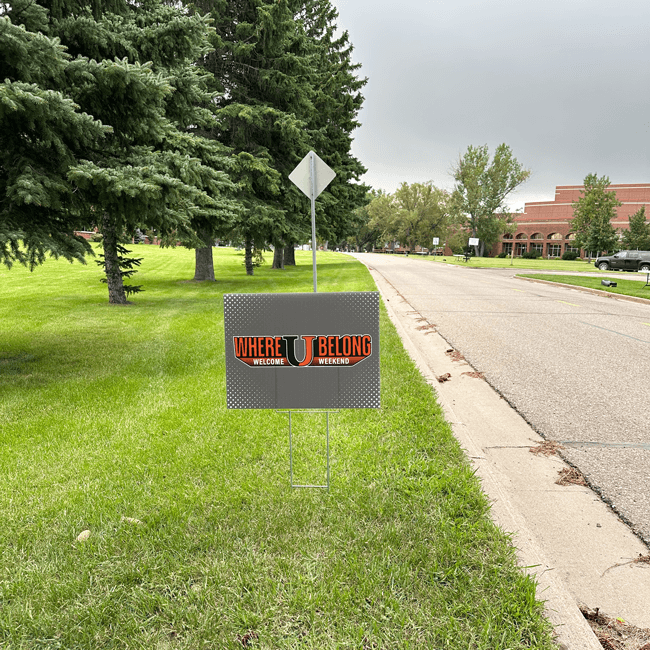 Welcome weekend yard signs on the University of Jamestown campus in Jamestown, ND.
