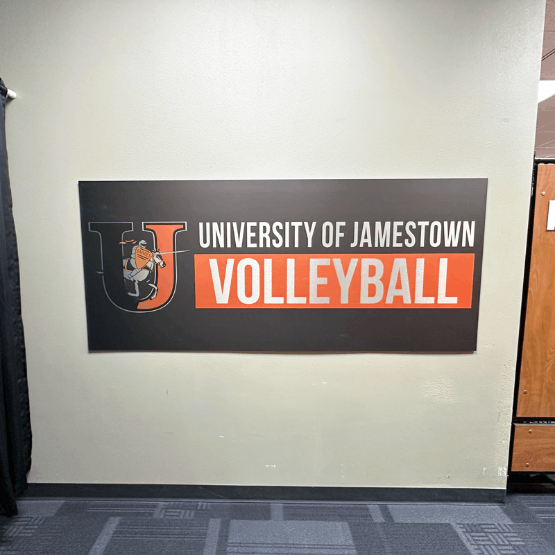 Custom University of Jamestown Volleyball locker room Poly Metal sign in Jamestown, ND.