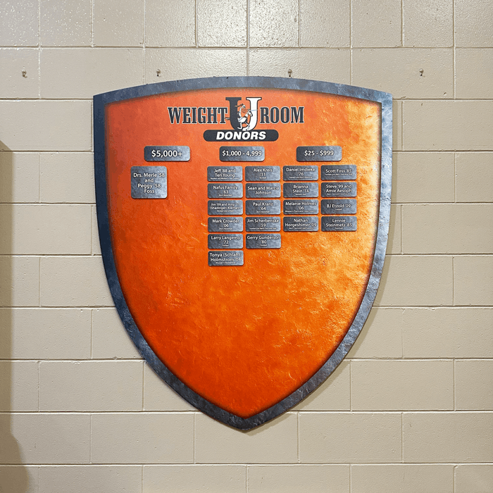 Custom cut ACM Weight room donor sign for University of Jamestown weight room in Jamestown, ND.